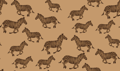 Vector seamless pattern of zebras. Chaotic galloping zebras