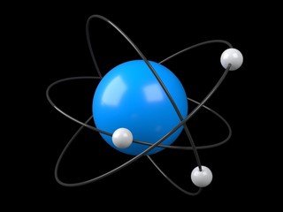 Model of atom on black background, 3D