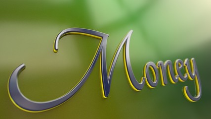 Blue and yellow emblem with word Money written in script font on a glossy green surface. Render.