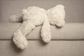 Teddy bear is laying on the sofa