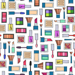 Vector seamless pattern with hand drawn decorative cosmetics