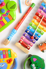 Musical instruments collection on white background. Top view