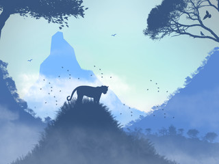 a jaguar standing on a hill, mountains behind  © Kerem Severoğlu