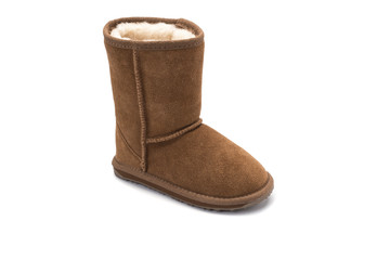 brown fluffy ugg boot style childrens footwear on white backgrou