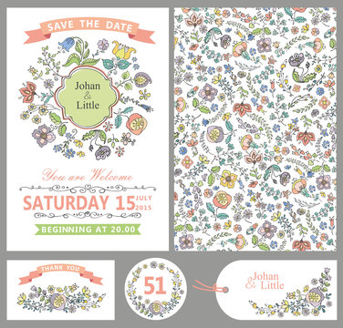 Wedding design template set.Doodle Floral decor,pattern card