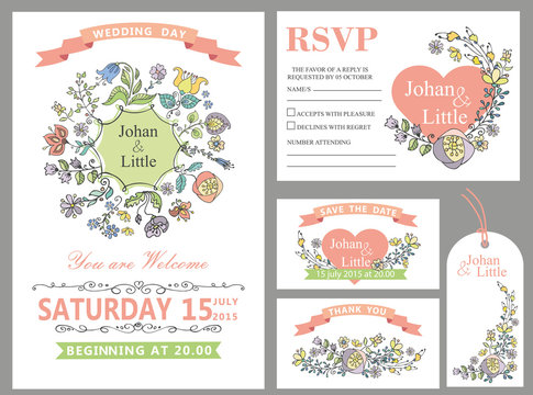 Wedding design template set.Doodle Floral decor