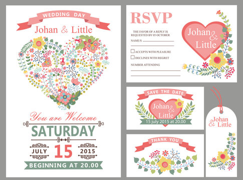 Wedding design template set.Floral heart decor