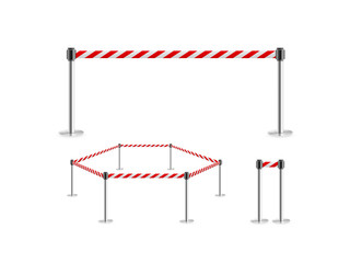Fototapeta premium Mobile fence barrier with red white belt stand isolated, 3d illustration . Fencing barricade on metal chrome pole posts. Portable caution rack with ribbon stretch tape. Precaution fence tape band. 
