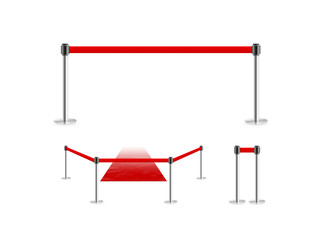 Mobile fence barrier with red belt and velvet carpet stand isolated on white. Fencing barricade on metal chrome pole posts. Portable protective rack with ribbon stretch tape. Protection fence crowd.