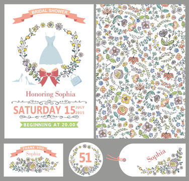 Wedding templates.Doodle Floral decor,pattern.Bridal shower