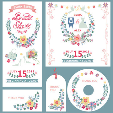 Wedding,bridal shower invitation cards set with floral decor