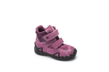 purple suede childrens walking shoe on a white background