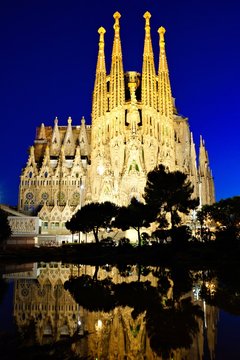 Sagrada Familia at night with reflections, Barcelona, Spain