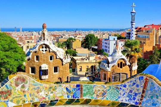 View over Antoni Gaudi's artistic Park Guell in Barcelona, Spain