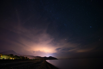  Night starry sky at the sea coast in Cirali, Turkey - landscape exterior.