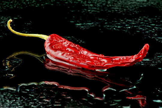 eine rote peperoni mit wasser auf schwarzen hintergrund