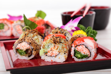 California roll sushi displayed on tray