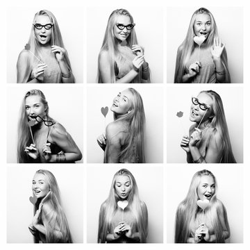 Collage of woman different facial expressions.Studio shot.