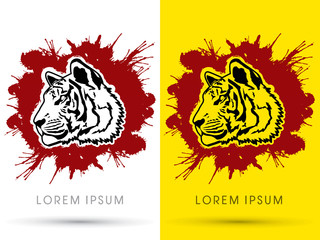 Tiger face, Head, side view, on splash grunge blood background, graphic vector.