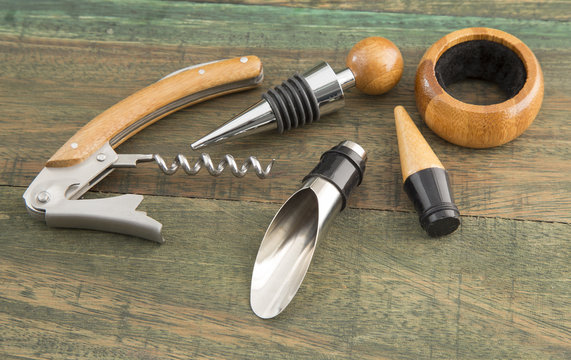 wine accessories on wooden background