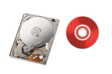 Inside of disk reader and red disk, isolated on white background.
