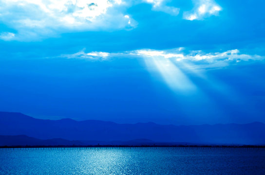 beatiful  nature blue picture background mountain lake with god light sky