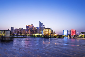 empty marble floor with cityscape and skyline of hangzhou