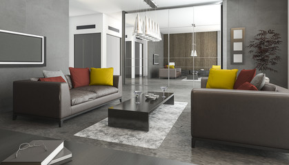 3d rendering leather sofa and colorful pillow in loft living room