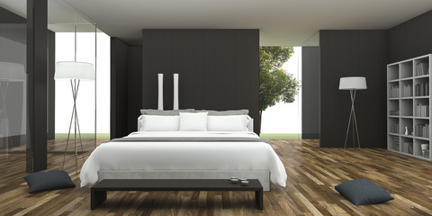 3d rendering contemporary wood floor bedroom with bookshelf and terrace
