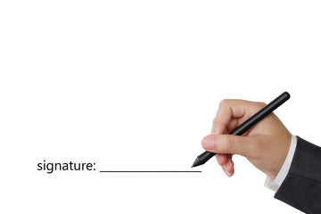 Hand holding pen and signature space on white background
