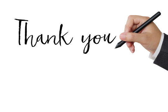 Thank you word and businessman hand holding pen on white background