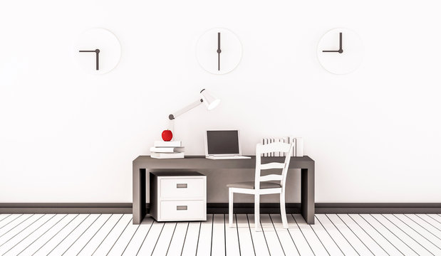 Working space, working table, chair, clocks and etc., 3d rendered