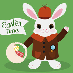 Cute Bunny as Detective for Easter Hunt, Vector Illustration
