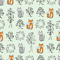 Background cartoon cute animals. The Fox and the wolf among the trees. Abstract forest, the animals and the sun.