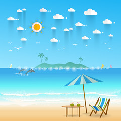 Idyllic paradise coast landscape with mountains. Summer camp vacation concept in flat style design .Vector illustration