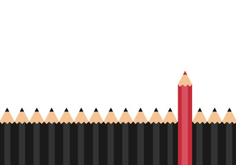 Red color pencil standing out from dull pencils. Think different concept.