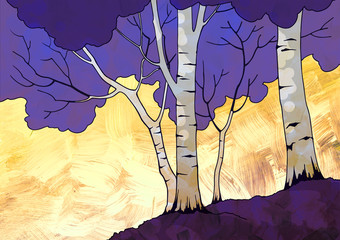 Сartoon hand drawn nature illustration with four birch trees 