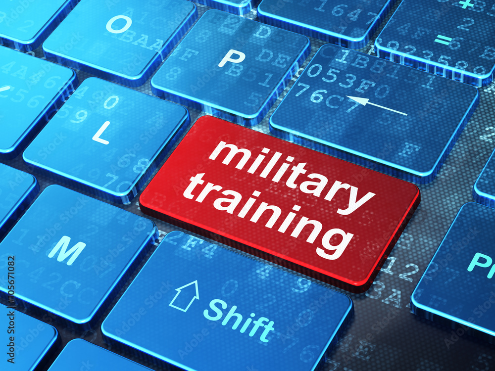 Poster studying concept: military training on computer keyboard background