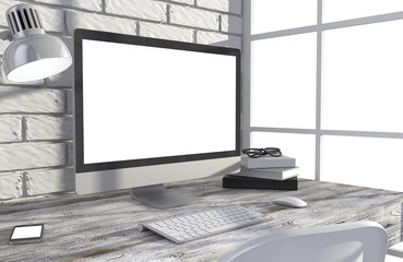 Fototapeta premium 3D illustration PC screen on table in office, Workspace