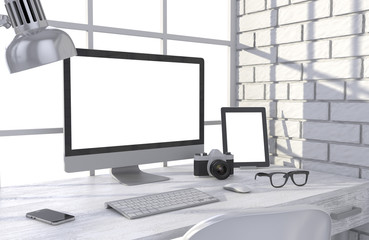 Fototapeta premium 3D illustration PC screen on table in office, Workspace