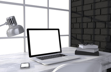 Fototapeta premium 3D illustration laptop and work stuff on table near brick wall, Workspace