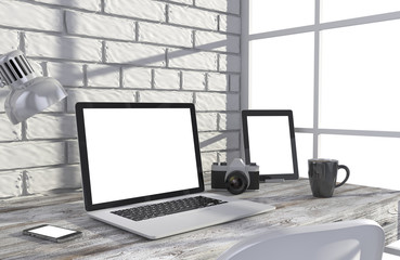 Fototapeta premium 3D illustration laptop and work stuff on table near brick wall, Workspace