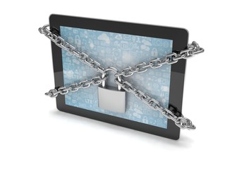 tablet PC with chains and lock isolated on white background