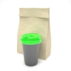 Coffee to go and lunch bag, on white.