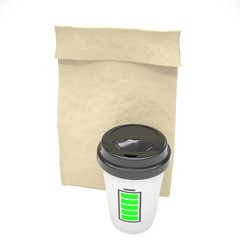 Coffee to go and lunch bag, on white.