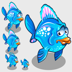Cute blue fish with sad face, vector character