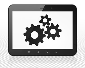 Advertising concept: Tablet Pc Computer with Gears on display