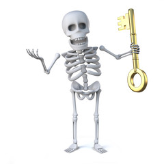 3d Skeleton holding a gold key