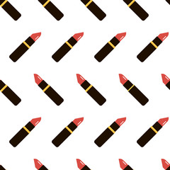 Flat design red lipstick tubes seamless pattern background.