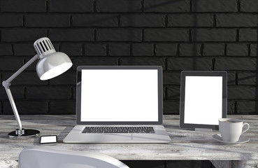 Fototapeta premium 3D illustration laptop and work stuff on table near brick wall, Workspace
